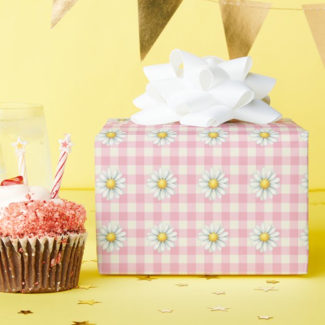 Daisy Rows on Pink Gingham Wrapping Paper (Birthday Party)