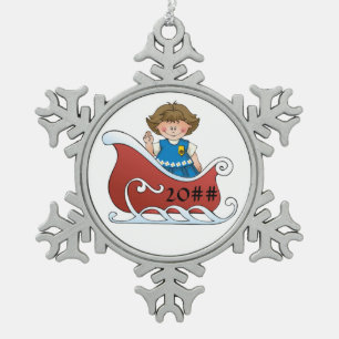 Daisy Scout Sled Brunette Snowflake Pewter Christmas Ornament