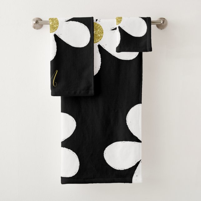 Daisy Simple Black White  Gold Personal Bath Towel Set (Insitu)