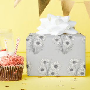 Daisy Sketch On Grey Wrapping Paper