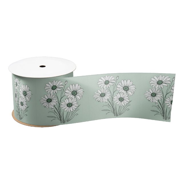 Daisy Sketch On Sage Green Satin Ribbon (Spool)