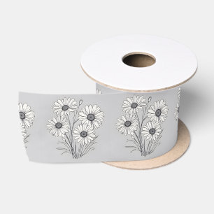 Daisy Sketch On Silver Satin Ribbon