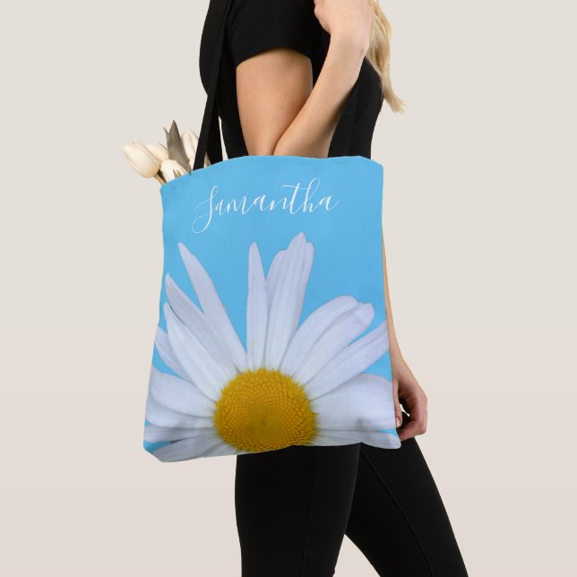 Daisy Sky Blue Elegant White Script Tote Bag (Close Up)