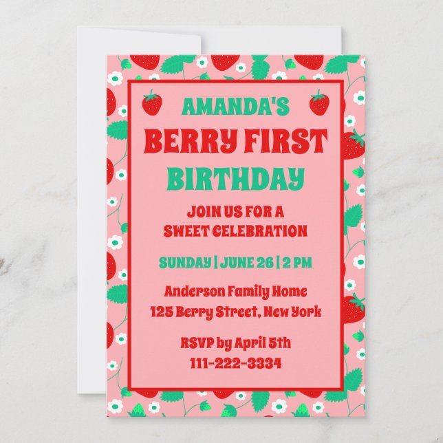 Daisy Strawberry Berry First Birthday Party Invitation (Front)
