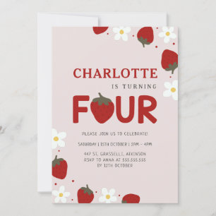 Daisy Strawberry Light Grey 4th Summer Birthday Invitation