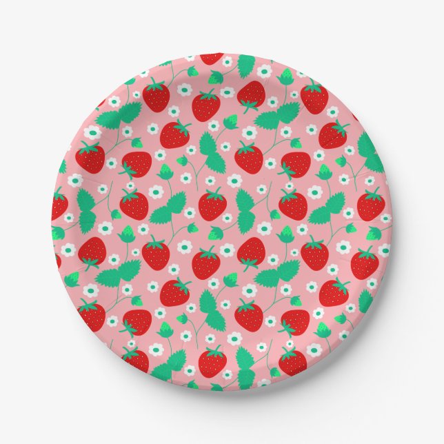 Daisy Strawberry Pattern Pink & Red Paper Plate (Front)