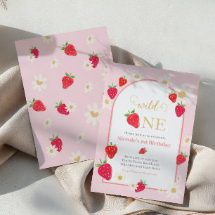Daisy Strawberry Wild One 1st Birthday Invitation