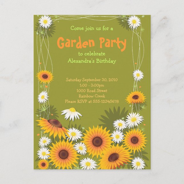 Daisy & Sunflower Garden Birthday Party Invitation Postcard (Front)