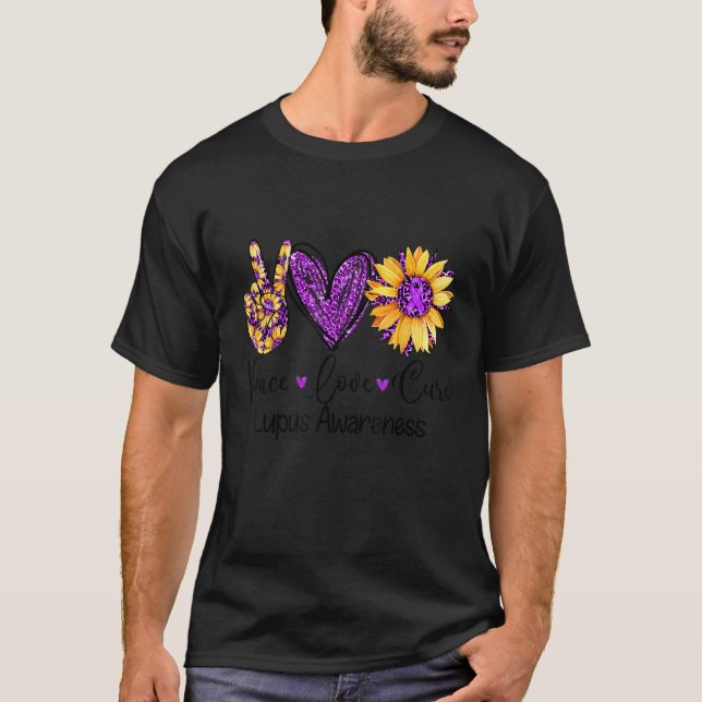 Daisy Sunflower Peace Love Cure Purple Lupus Aware T-Shirt (Front)