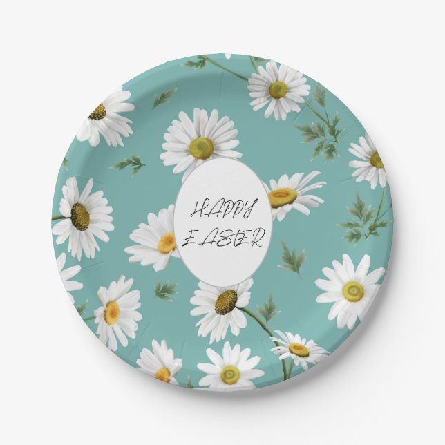 Daisy Teal Floral Colourful Pattern Easter Spring Paper Plate (Front)