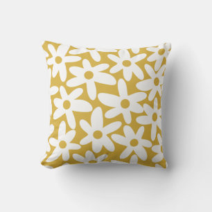 Daisy Time Cute Retro Floral Pattern Mustard White Cushion