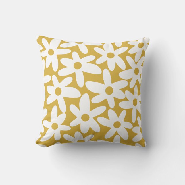 Daisy Time Cute Retro Floral Pattern Mustard White Cushion (Front)
