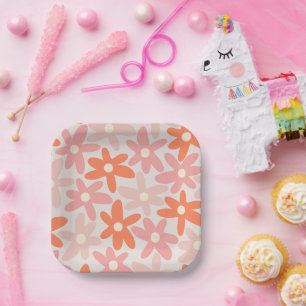 Daisy Time Cute Retro Floral Pattern Orange Pink Paper Plate