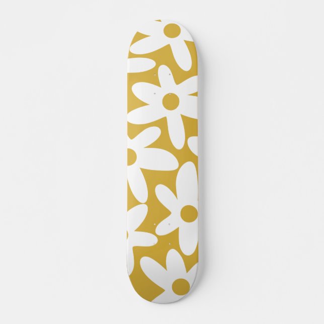 Daisy Time Cute Retro Modern Flowers in Mustard Skateboard (Front)