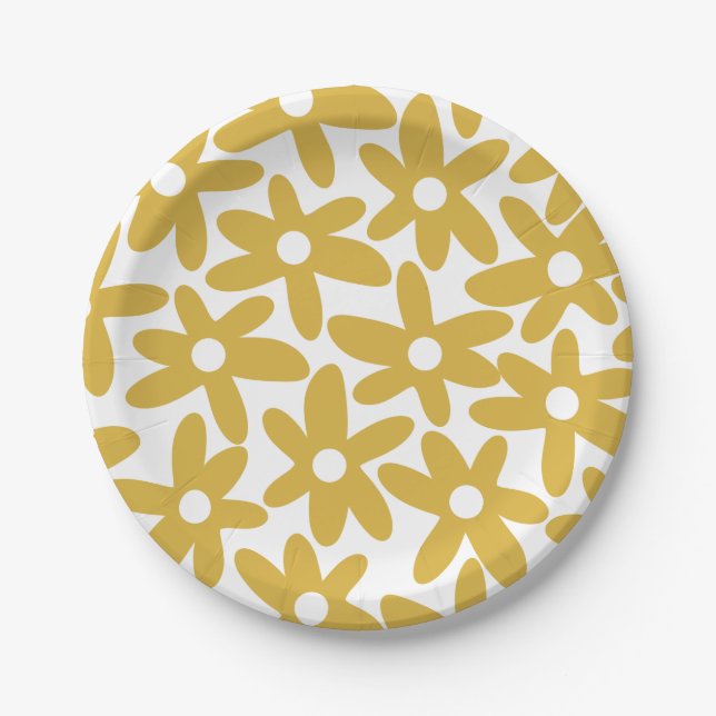 Daisy Time Cute Retro Modern Mustard Flowers Paper Plate (Front)