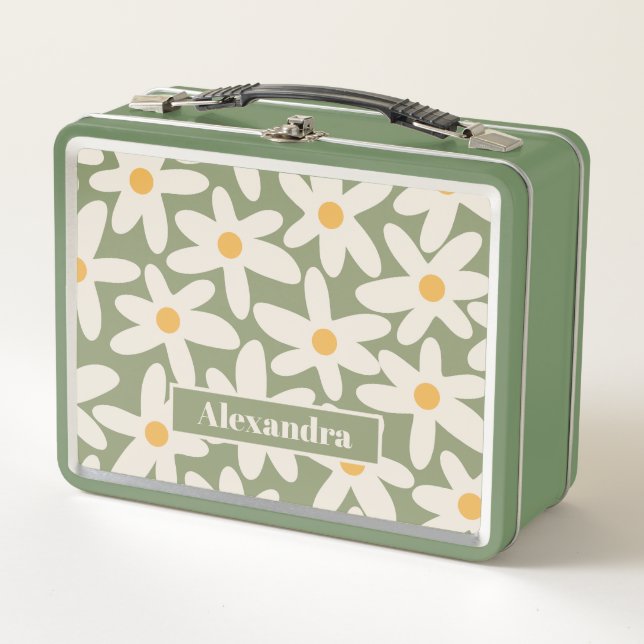 Daisy Time Retro Contemporary Sage Floral Pattern Metal Lunch Box (Front)