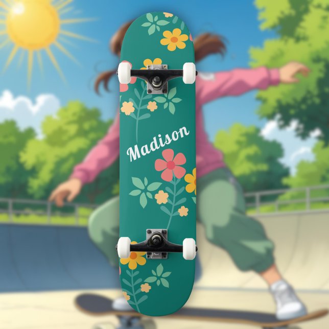 Daisy Vintage Bouquet Pattern in Green Skateboard (Creator Uploaded)
