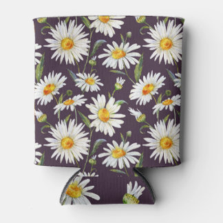Daisy Watercolor: Dark Floral Seamless Can Cooler