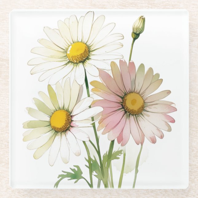 Daisy Watercolor Flower Modern Professional Glass Coaster (Front)