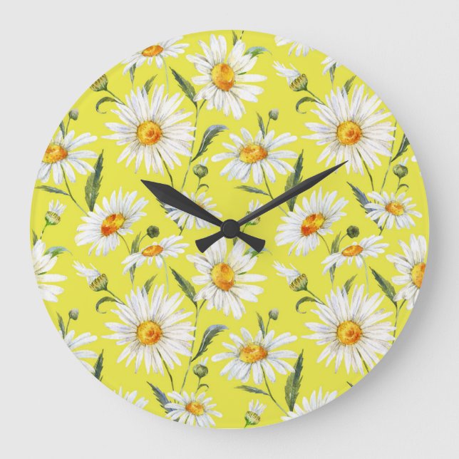 Daisy watercolor, yellow seamless pattern. large clock (Front)
