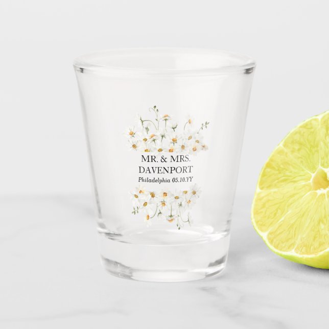 Daisy Wedding Mr & Mrs Monogram Shot Glass Favour (Front)