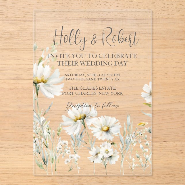 Daisy Wedding Photo QR Code  Acrylic Invitations (Front)