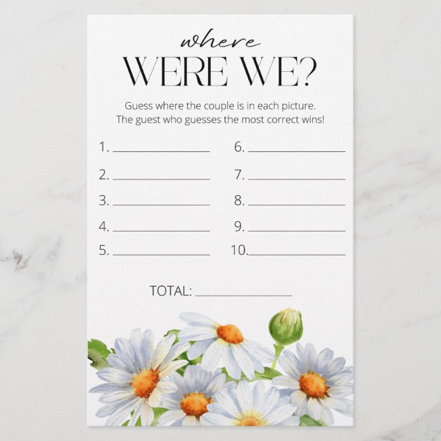 Daisy Where were we bridal shower game (Front)