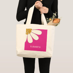 Daisy White Floral Design Personalise Name Large Tote Bag