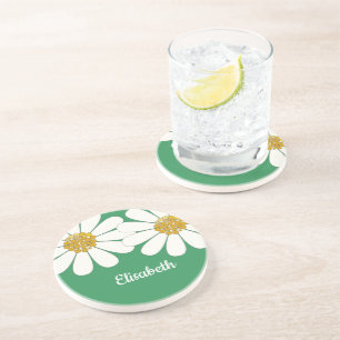 Daisy-white floral desing personalise name coaster