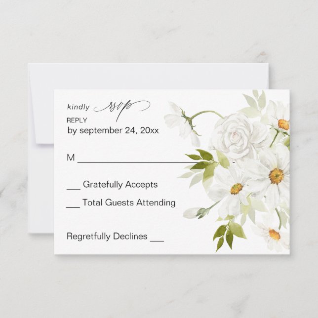 Daisy White Floral no Meal RSVP 3 Card (Front)