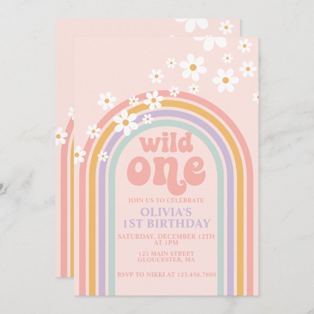 Daisy Wild One boho floral rainbow first birthday  Invitation (Front/Back)