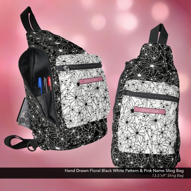 Daisy Wildflower Black White Pattern & Pink Name Sling Bag (Sling Bag: Hand Drawn Floral Pattern in Black White, Personalized with Name in Pink)