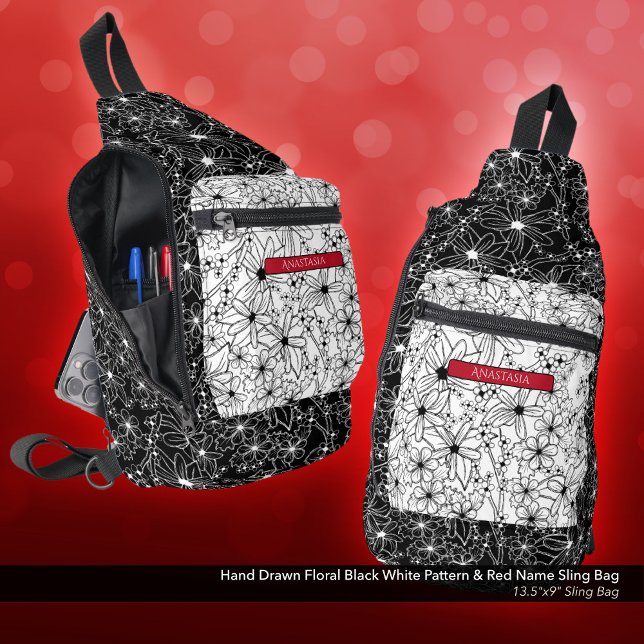Daisy Wildflower Black White Pattern & Red Name Sling Bag (Sling Bag: Hand Drawn Floral Pattern in Black and White, Personalized with Name in Red)