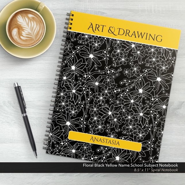 Daisy Wildflower Black Yellow Name School Subject Notebook (Floral Black and Yellow School Subject Notebook: Personalize Your Name, Customize the School Subject)