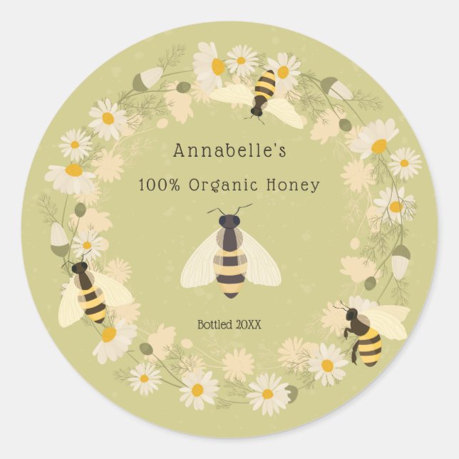 Daisy Wreath and Bees Honey Label Personalise (Front)