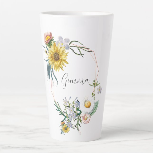 Daisy Wreath Custom Name Latte Mug (Front)