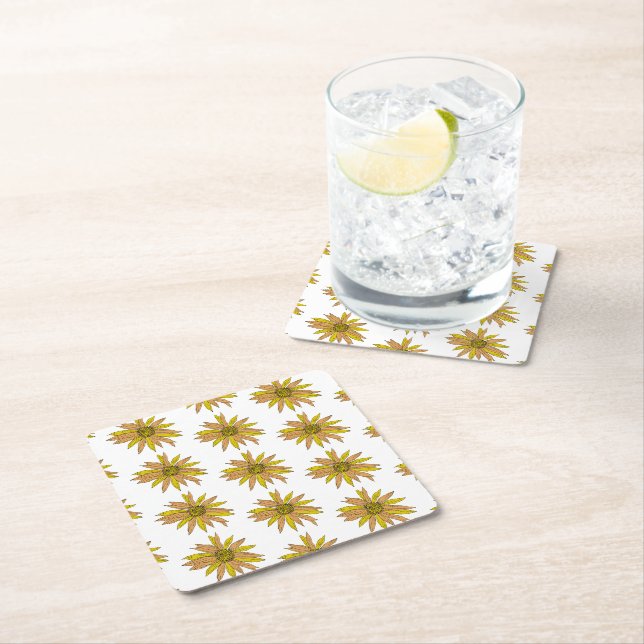 Daisy Yellow Flower Painting Pattern Square Paper Coaster (Insitu)