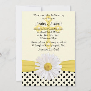 Daisy yellow ivory white polka dot First Communion Invitation