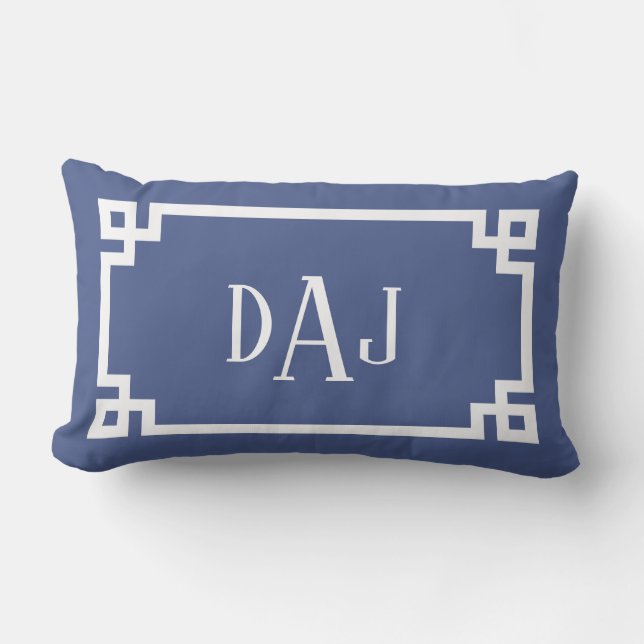 DAJ Blue and White Greek Key Script Monogram Lumbar Cushion (Front)
