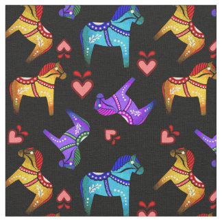 Dala folk horse blue/red/pink/purple/green, hearts fabric