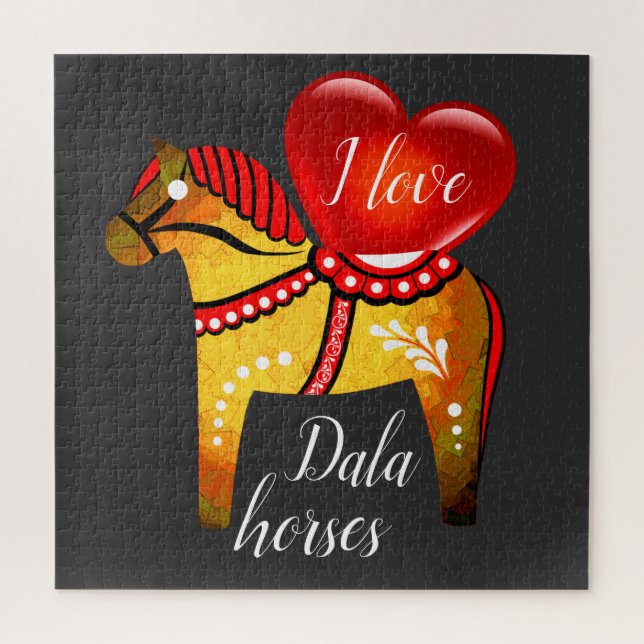 Dala folk horse, white/black/yellow/red heart jigsaw puzzle (Vertical)