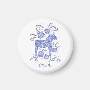 Dala Horse Blue Swedish Folk Art Custom Name Magnet