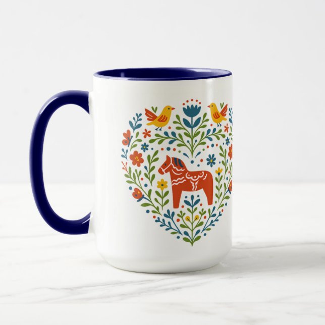 Dala Horse Folk Art Hygge Heart Pattern Mug (Left)