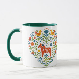 Dala Horse Folk Art Hygge Heart Pattern Mug