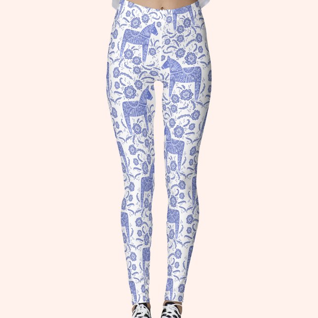 Dala Horse Swedish Indigo and White Pattern Leggings (Swedish Dala Horse blue and white pattern leggings)
