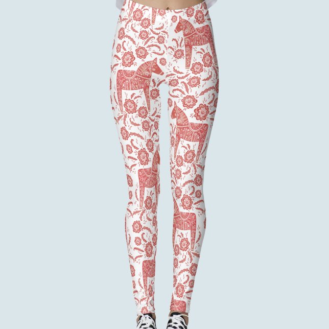 Dala Horse Swedish Red and White Pattern Leggings (Swedish Dala Horse red and white patterned leggings)