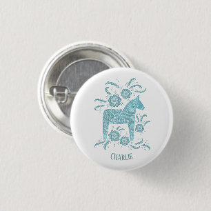 Dala Horse Teal Swedish Folk Art Custom Name 3 Cm Round Badge