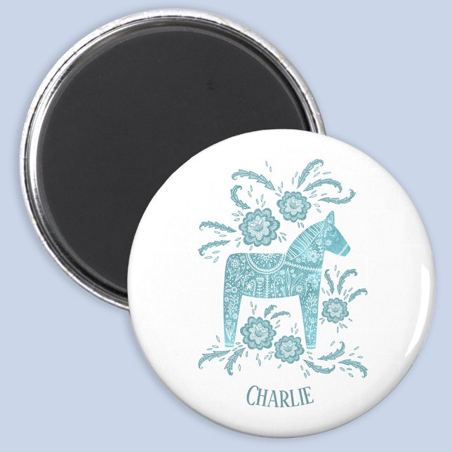 Dala Horse Teal Swedish Folk Art Custom Name Magnet (Swedish Dala Horse personalized custom name magnet)