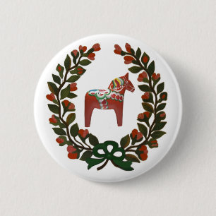 Dala Horse Wreath 6 Cm Round Badge