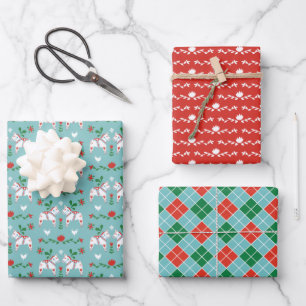 Dala Horses Mixed Christmas Patterns Wrapping Paper Sheet